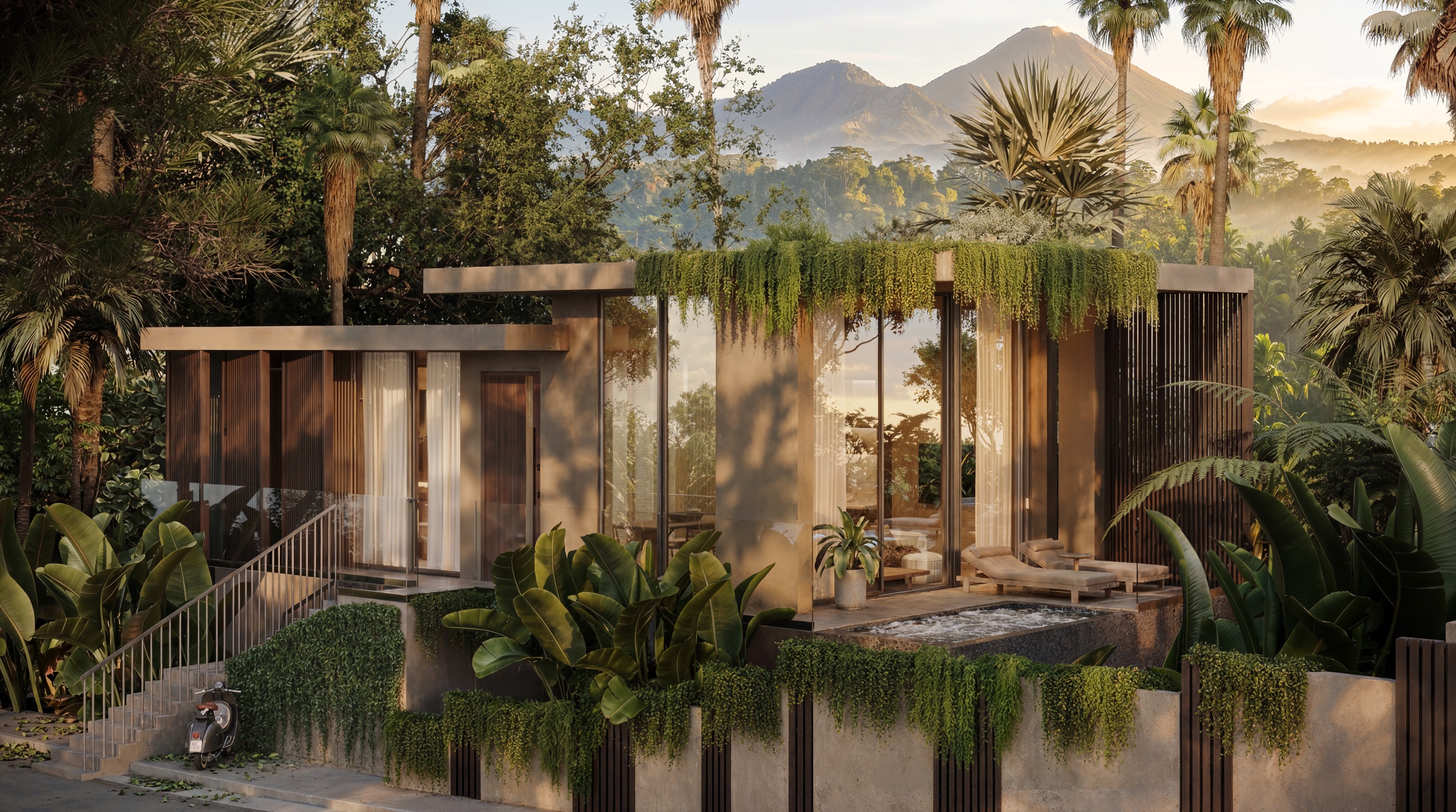 1-bedroom residence exterior — single-storey villa set against Mt. Rinjani with tropical garden and stairs