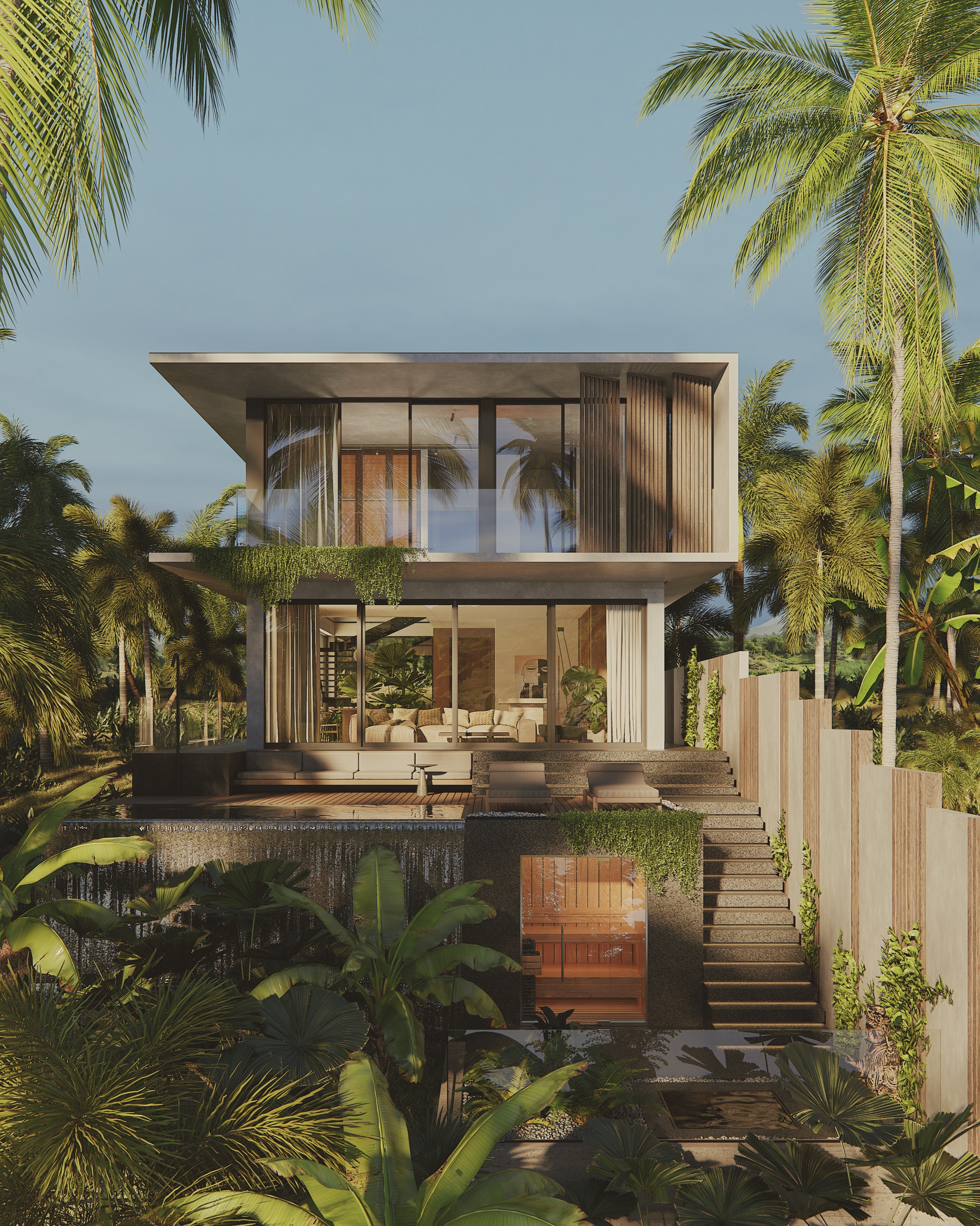 2-bedroom residence exterior — two-storey villa framed by palms with pool and stair garden