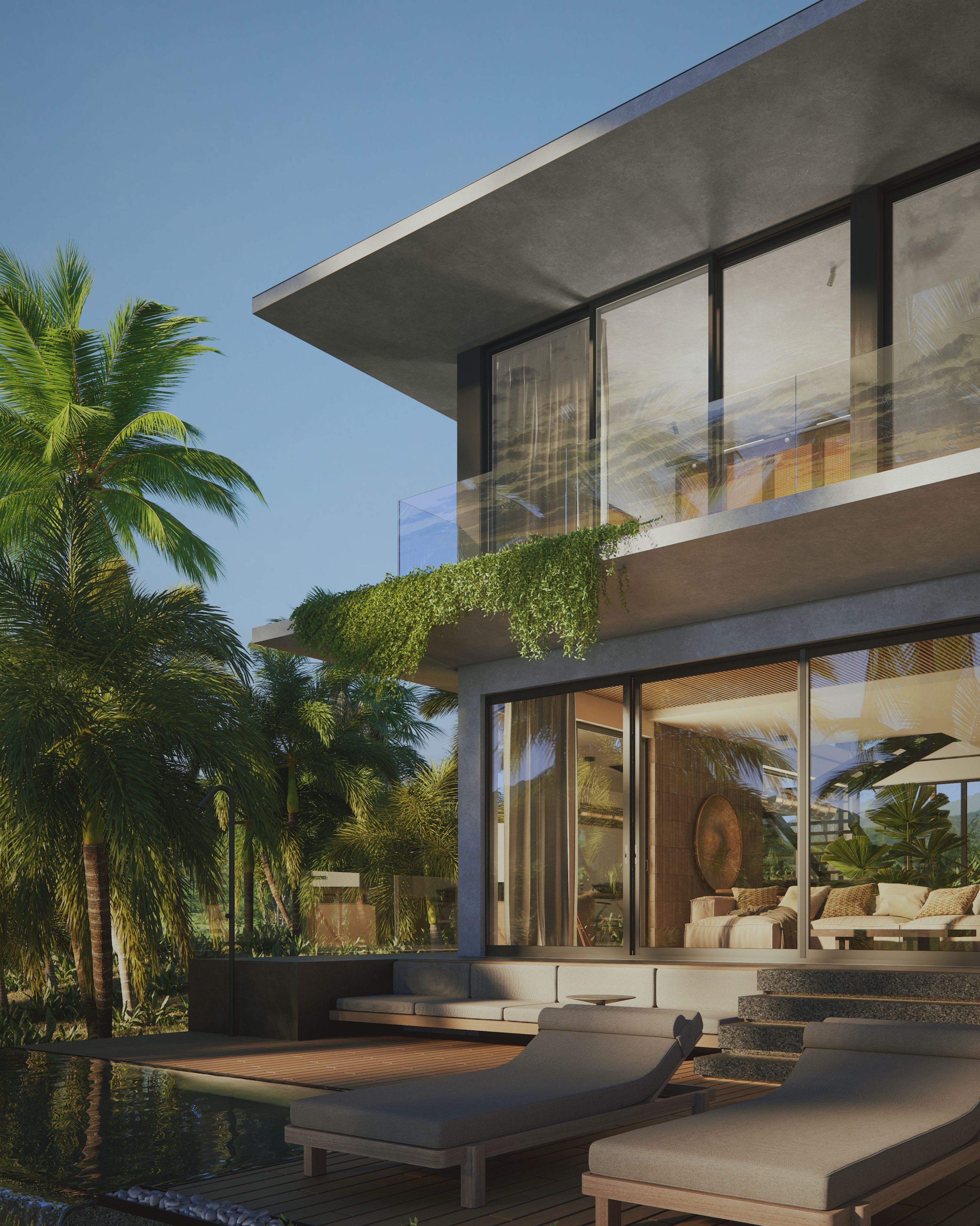 2-bedroom residence exterior — two-storey villa framed by palms with pool and stair garden