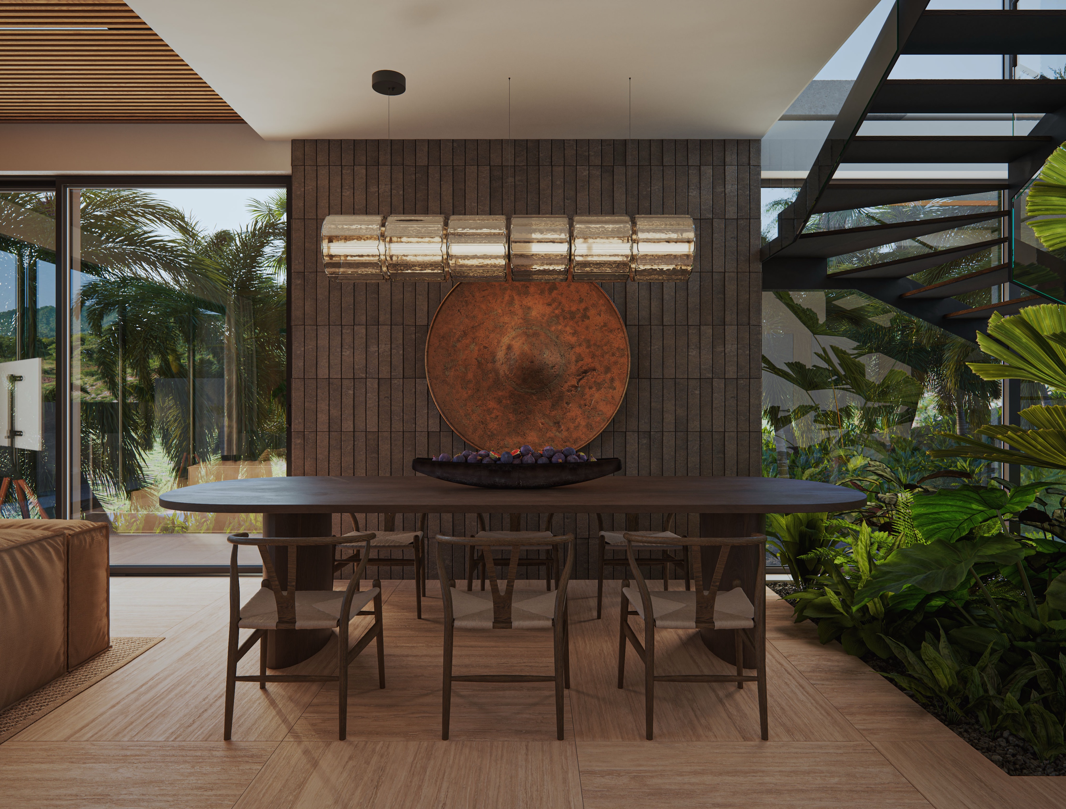Gather around an indoor dining table framed by garden views.