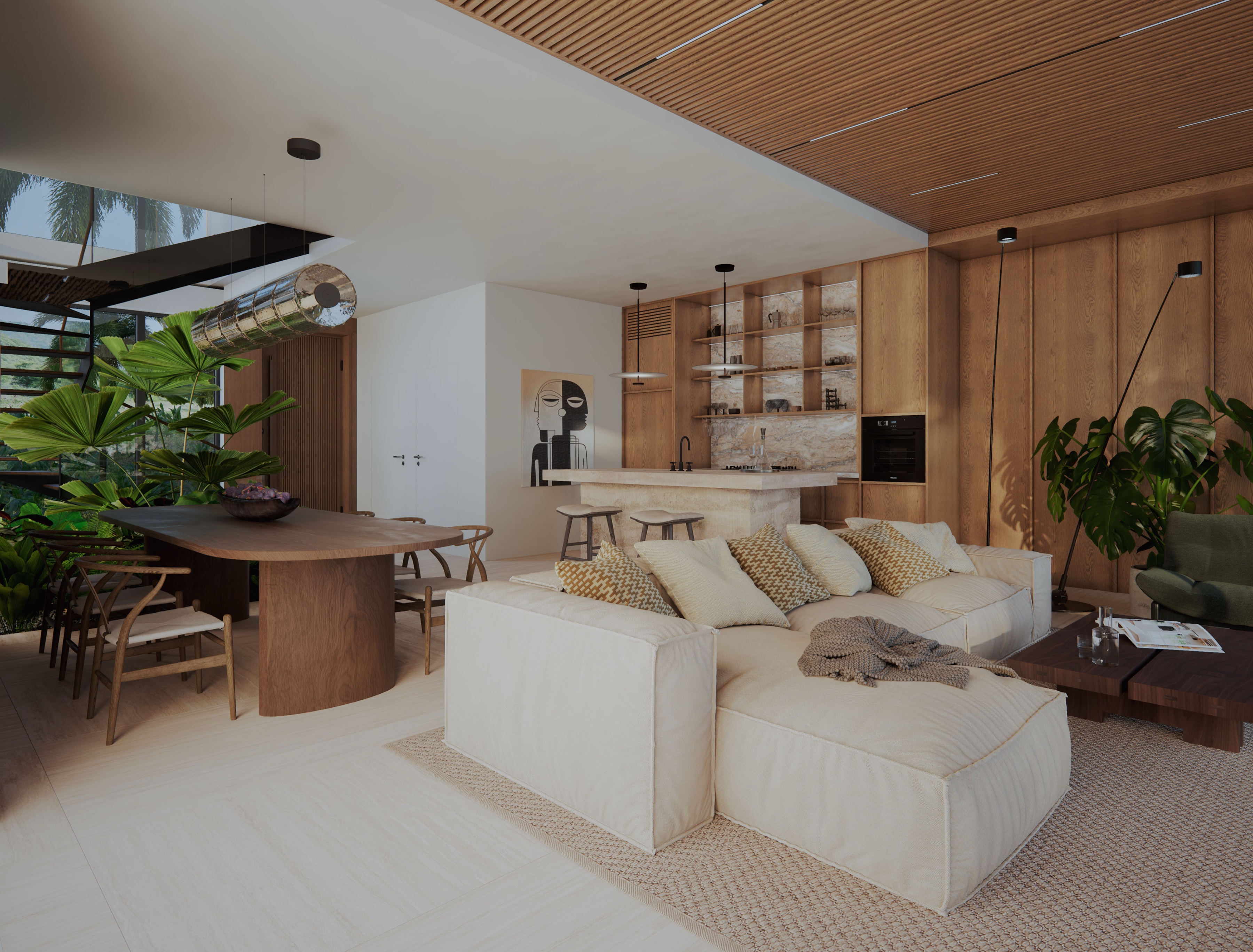 Live across an open-plan living, dining, and kitchen pavilion.