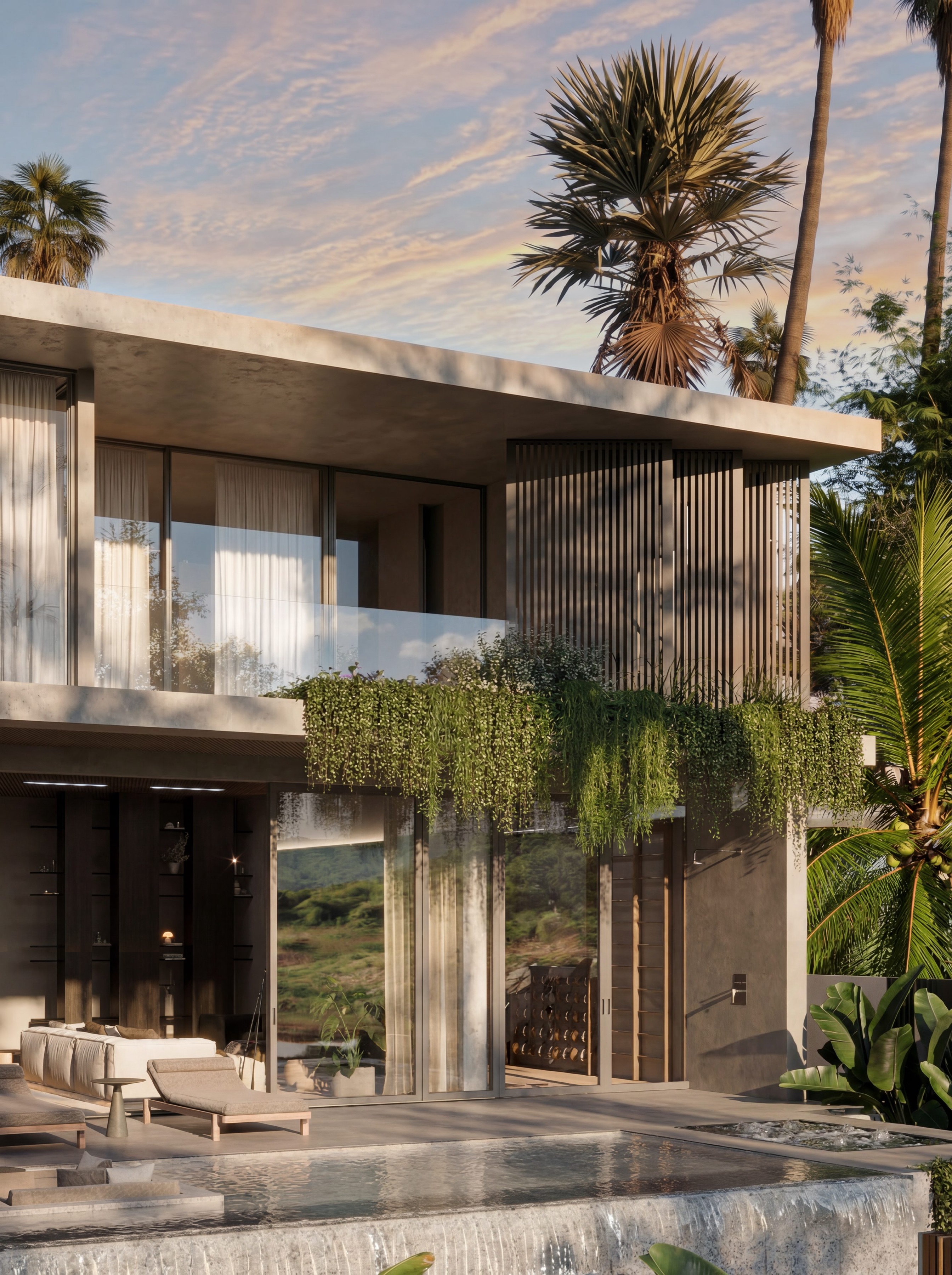 Manasara 3BR residence exterior — twilight three-quarter view of villa with pool, lounge terrace, and palms