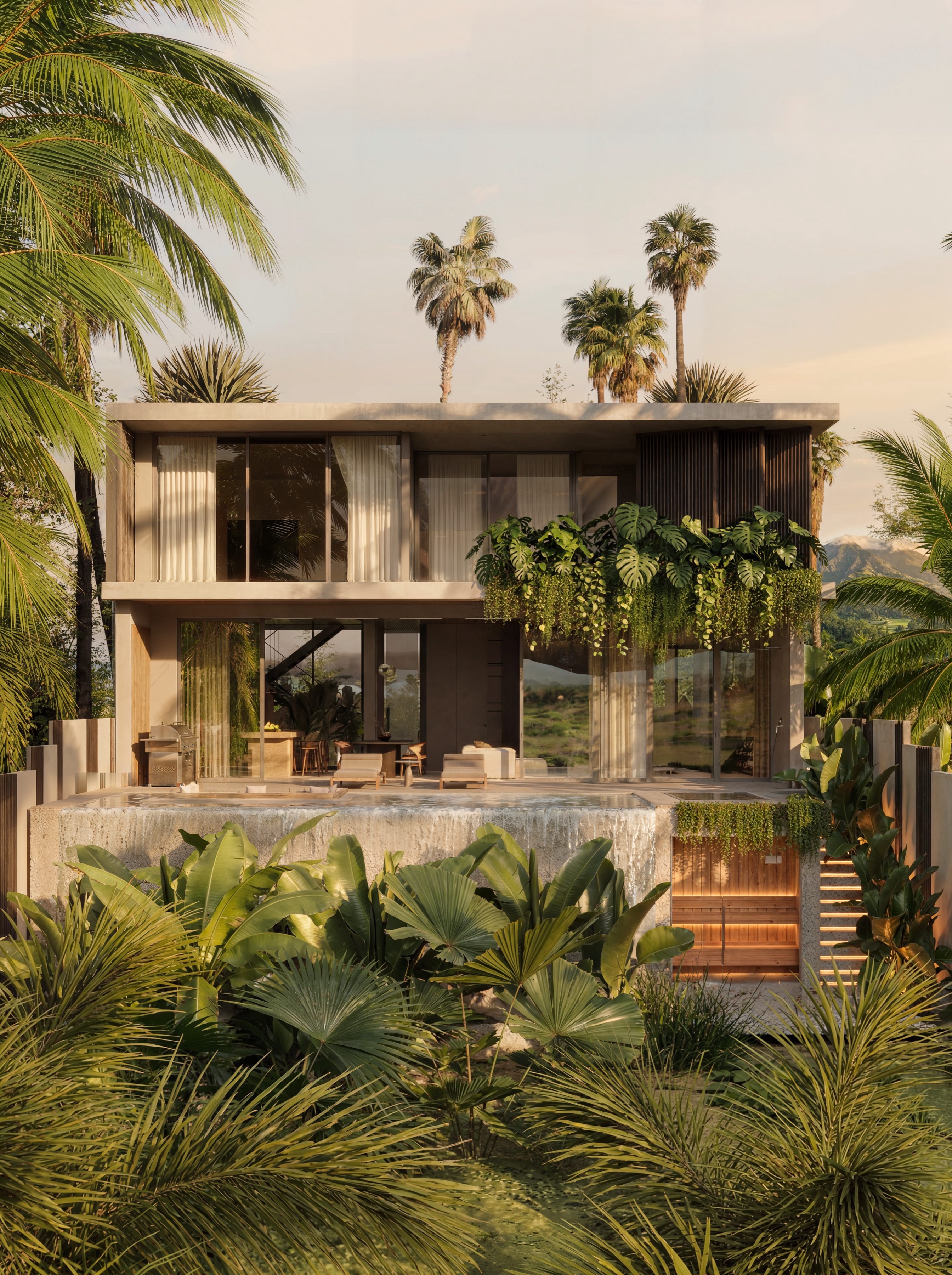 3-bedroom residence exterior — multi-level villa with private pool and tropical garden surroundings