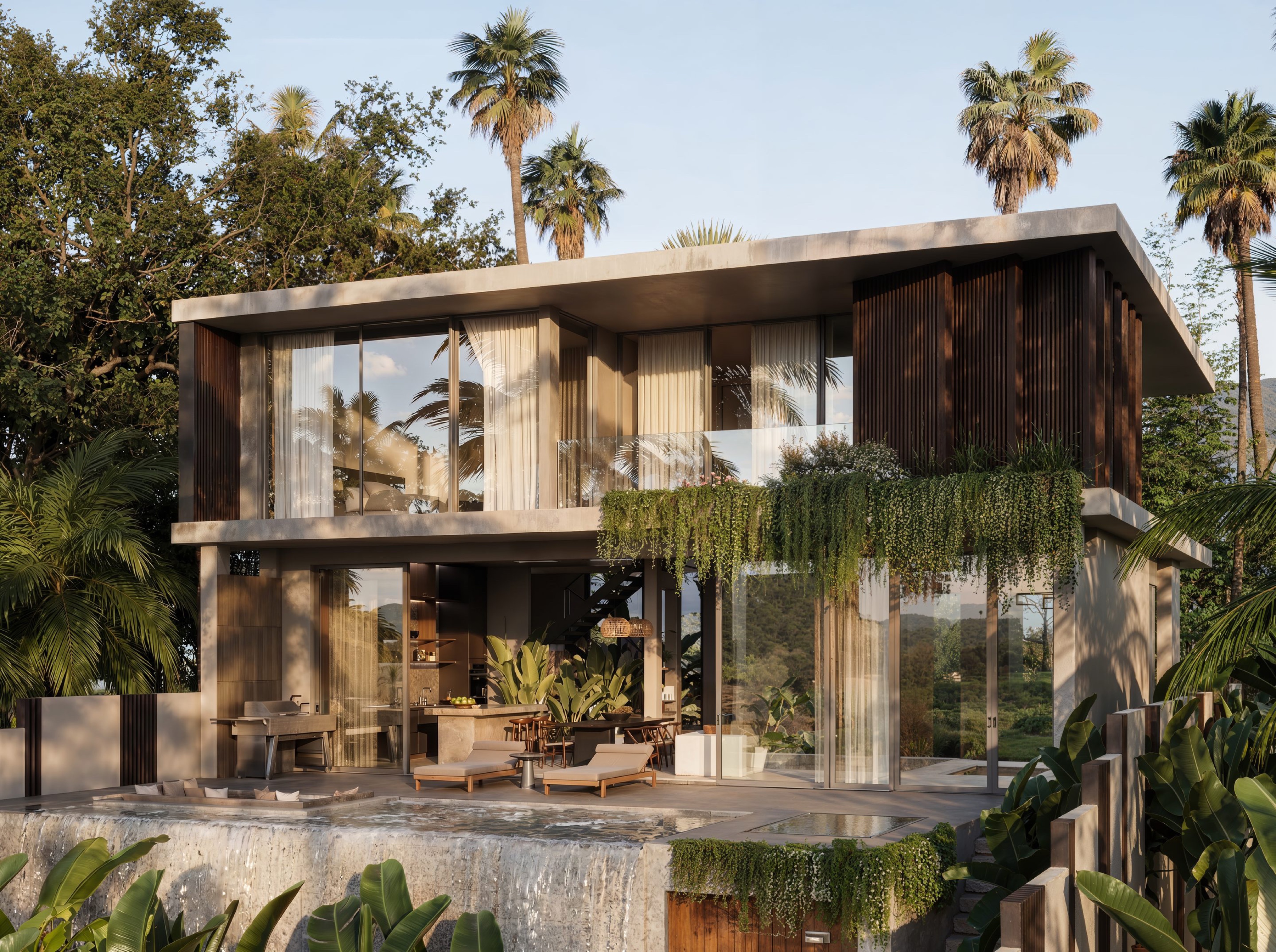 3-bedroom residence exterior — golden-hour view of cantilevered villa with pool terrace and tropical landscaping