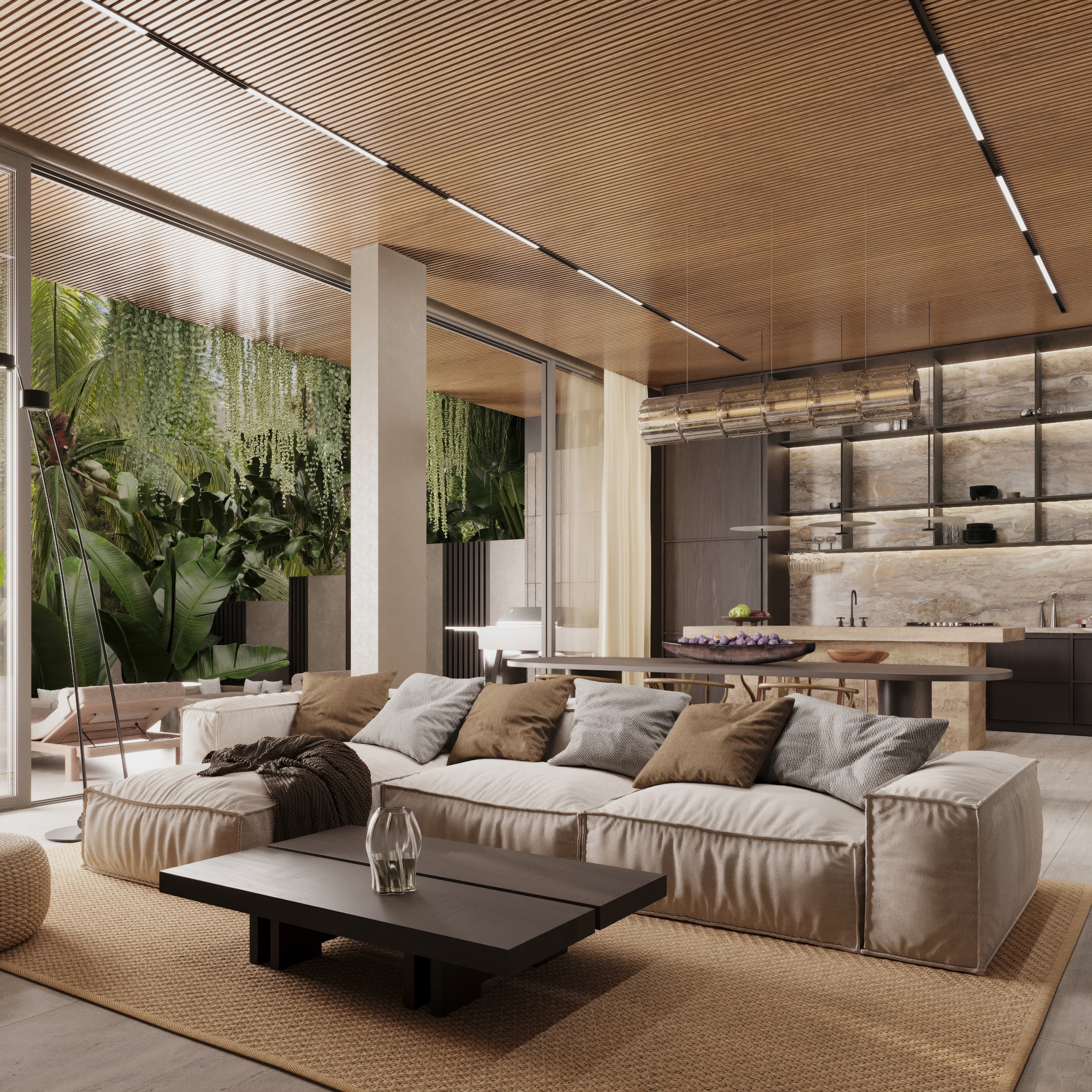 Manasara 3BR living pavilion — large sectional sofa opening to tropical garden and kitchen beyond