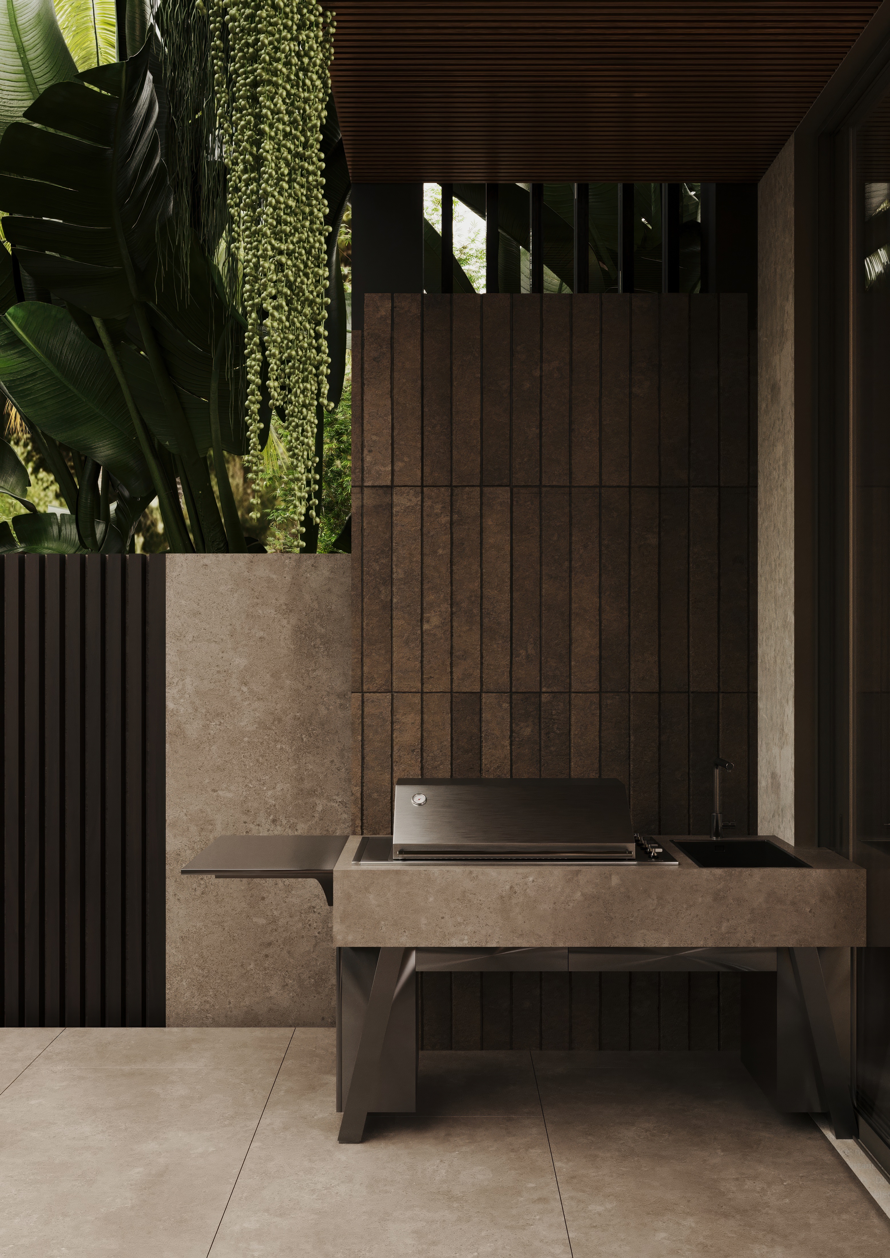 Cook outdoors at a stone BBQ counter framed by banana palms.