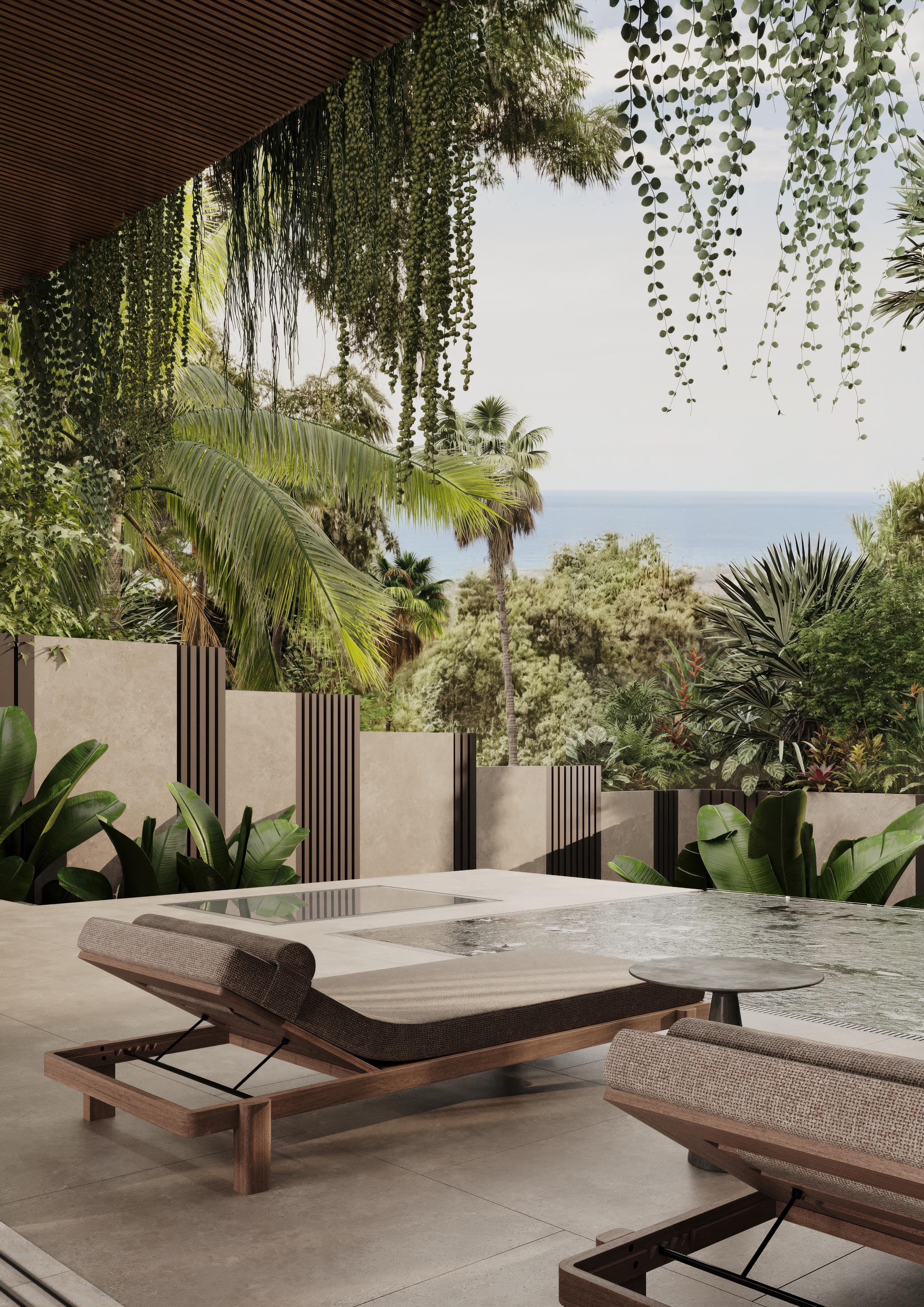Lounge under hanging vines with ocean beyond the palms.