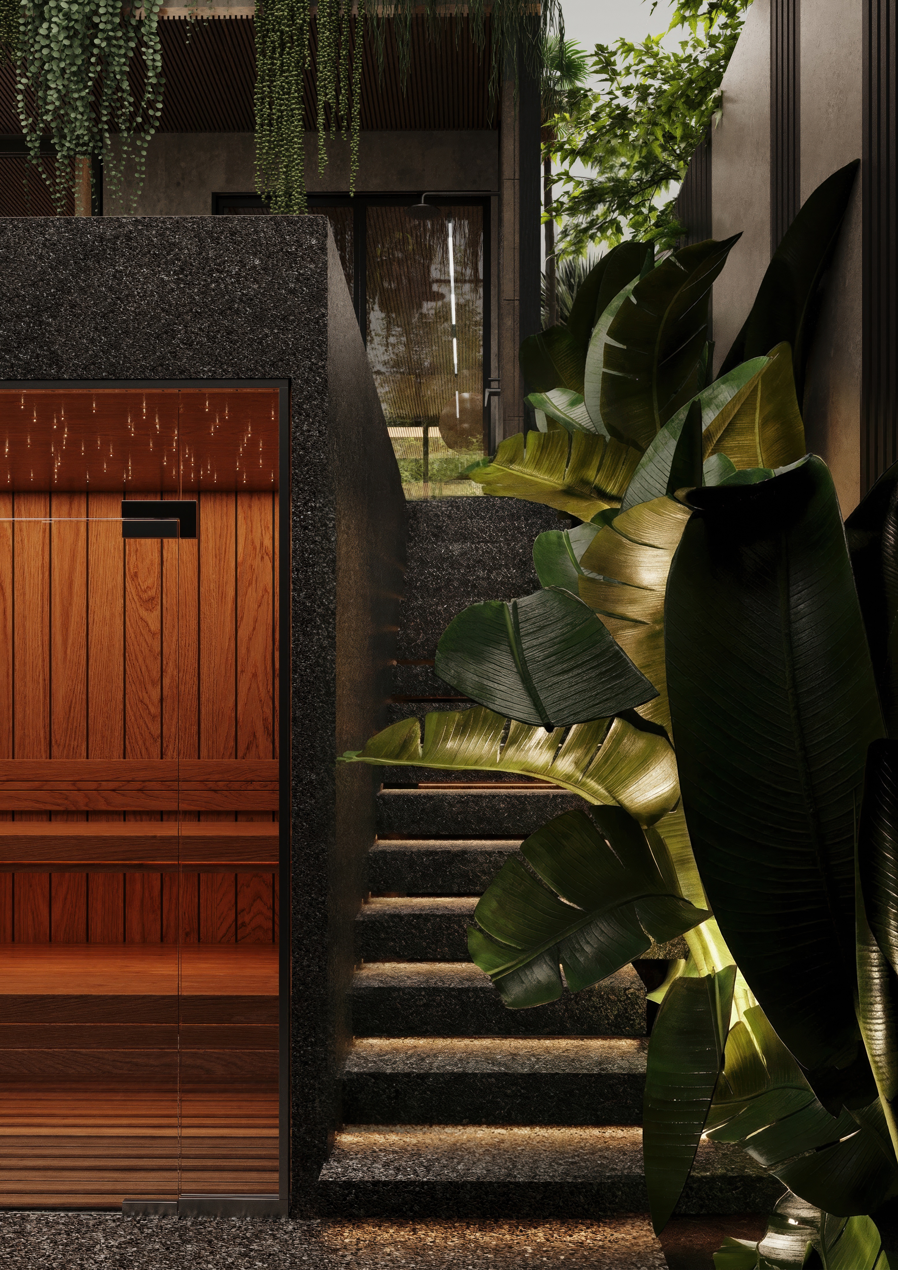 Private sauna cabin with adjacent cold-plunge water feature