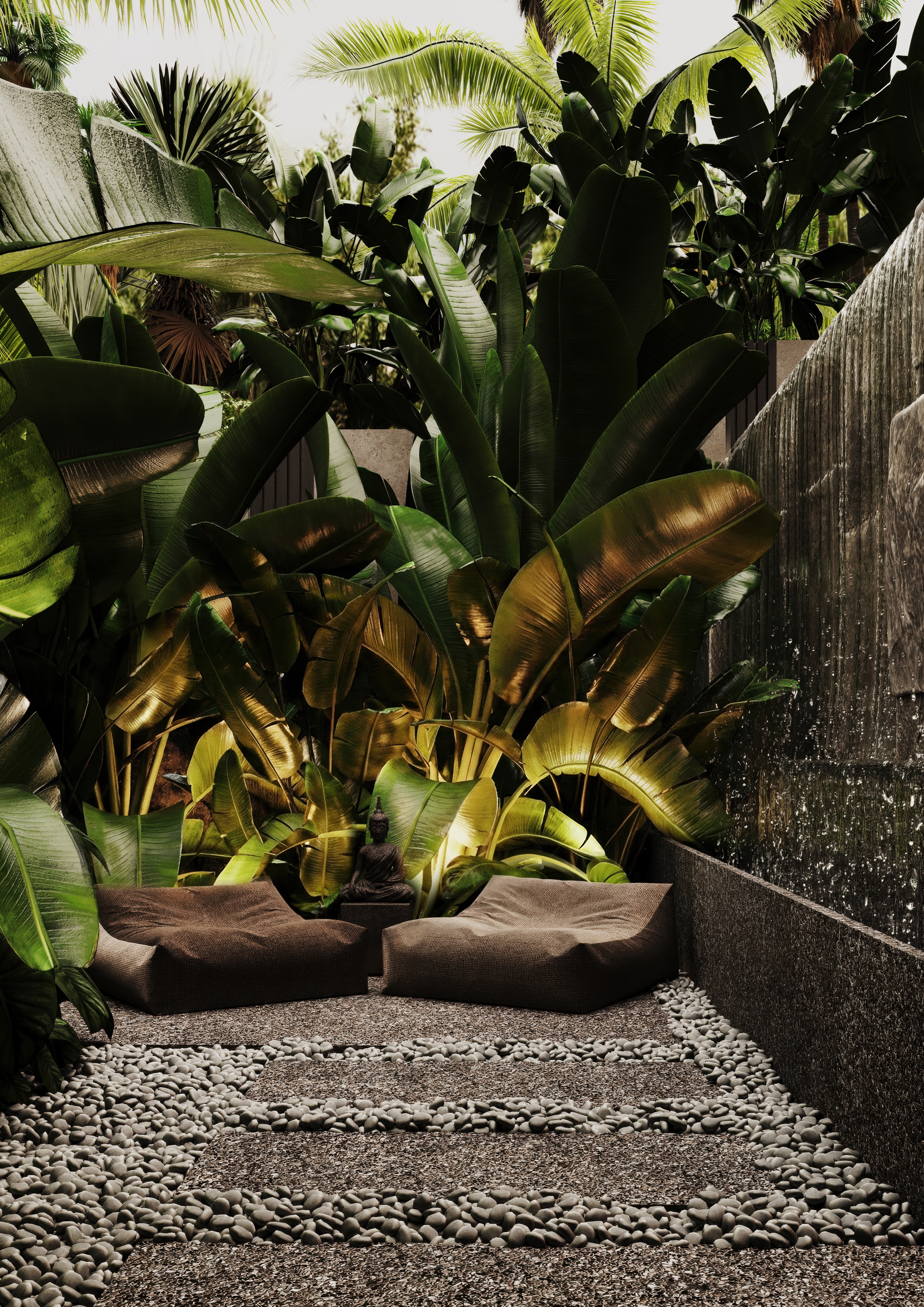 Pause in a private garden bordered by banana palms.