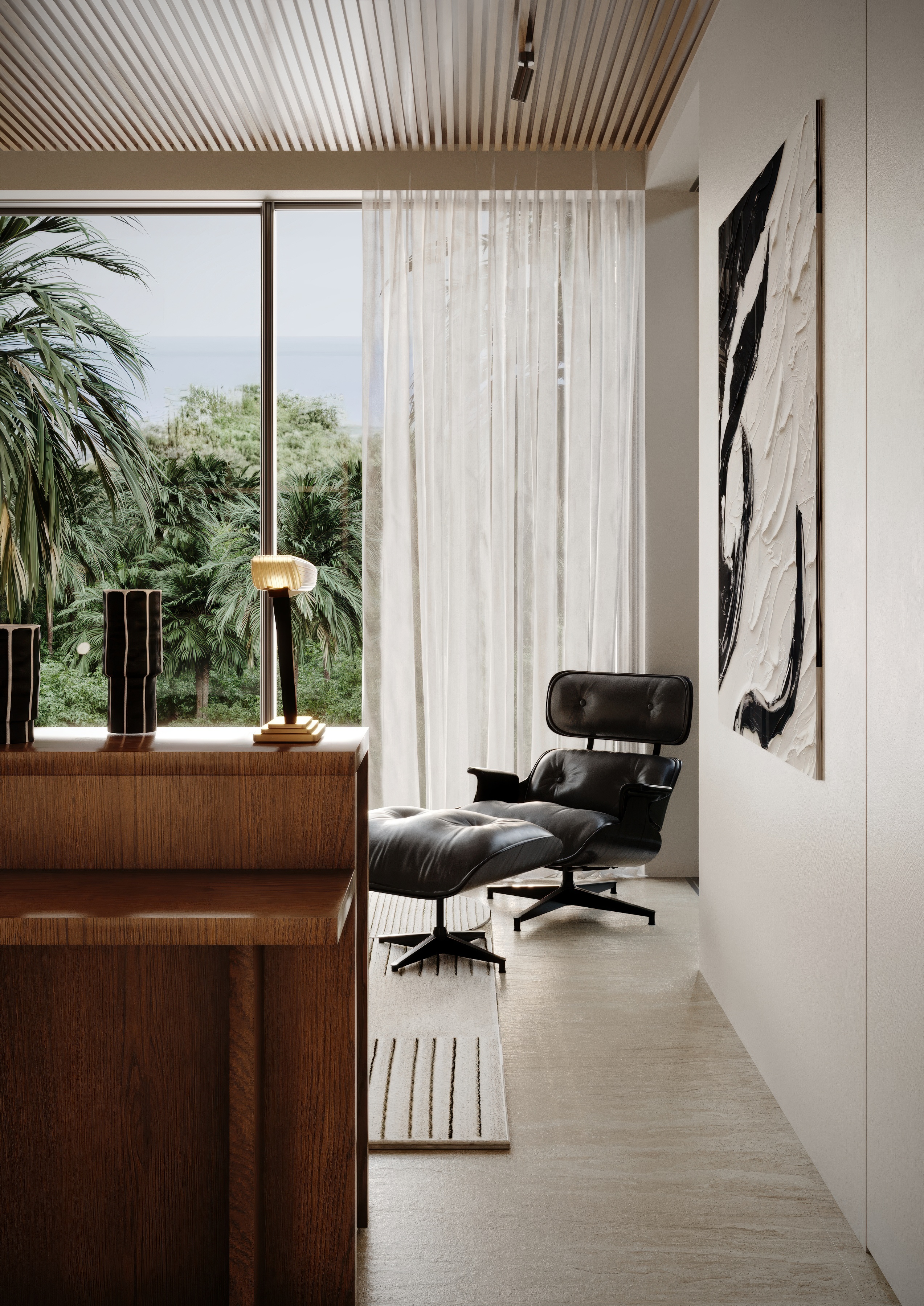 Settle into a quiet reading corner framed by palms.