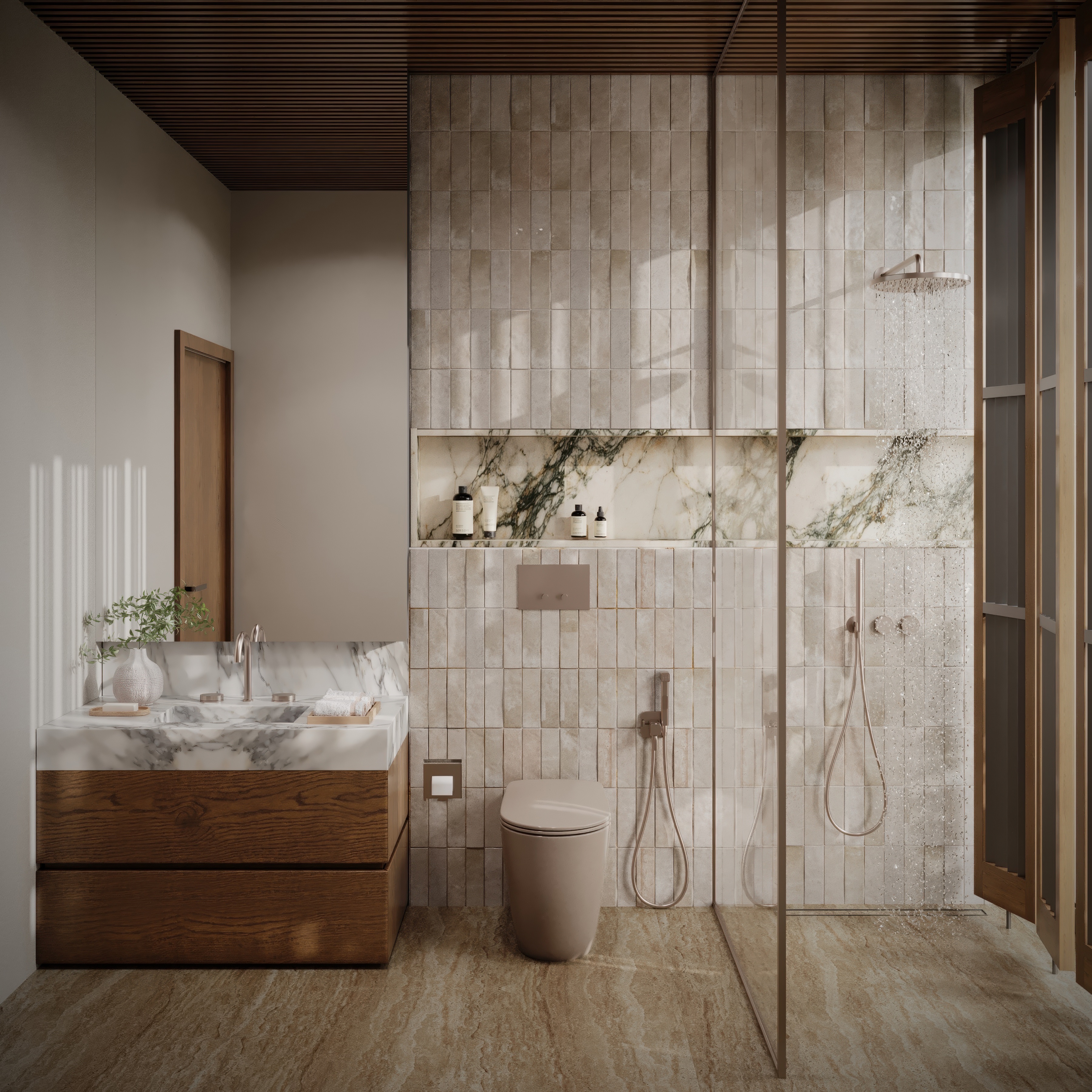 Unwind in a marble vanity bathroom with wood-slat screens.