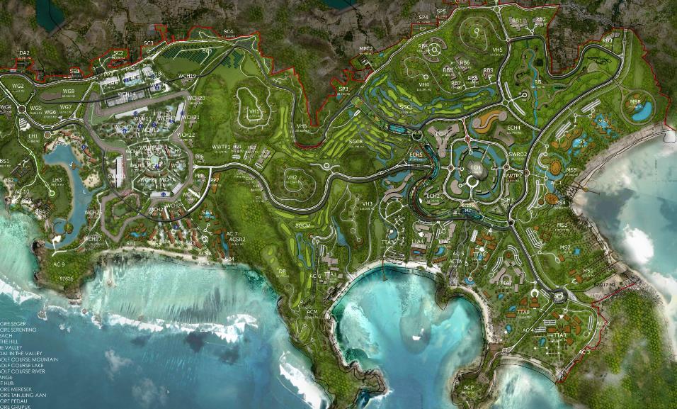 Aerial masterplan of the Kuta Mandalika Special Economic Zone — coastline, golf course, and development plots