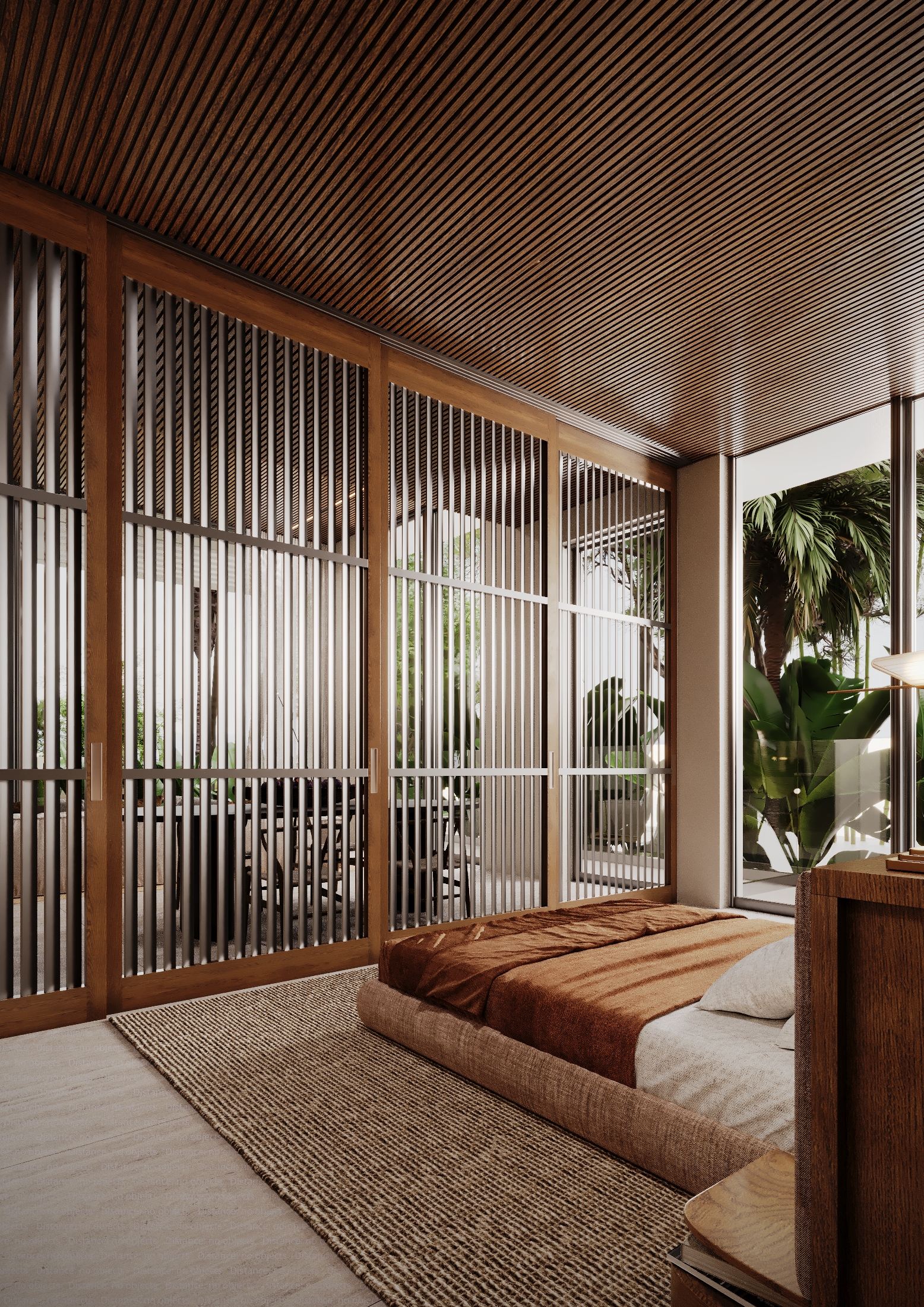 Settle into a bedroom screened by warm wood slats.