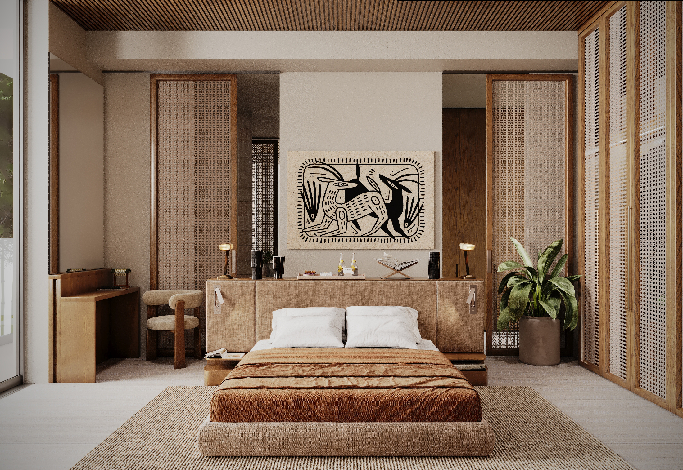 Rest in a warm-toned bedroom anchored by textile art.