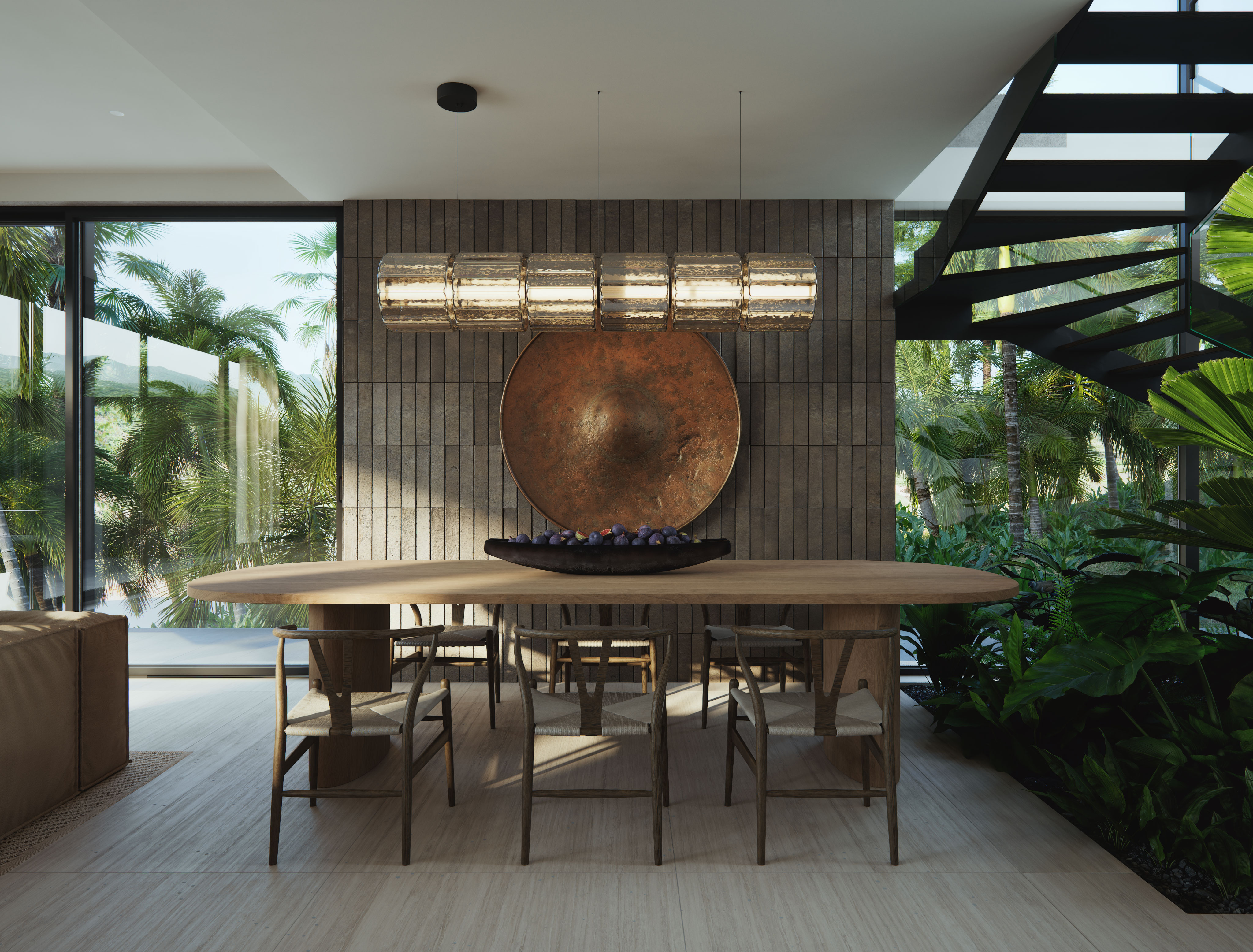 Gather around an indoor dining table framed by garden views.