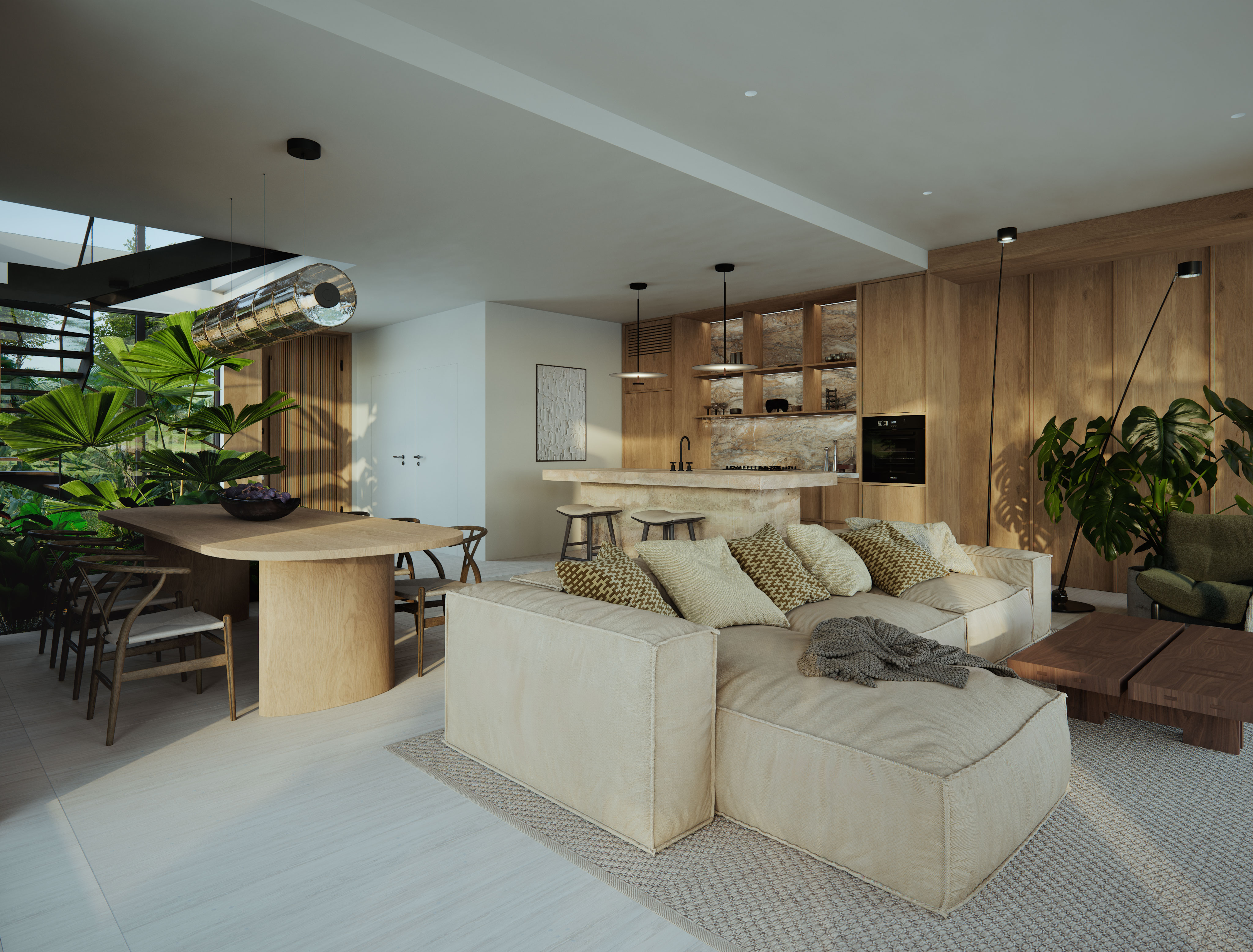 Live across an open-plan living, dining, and kitchen pavilion.