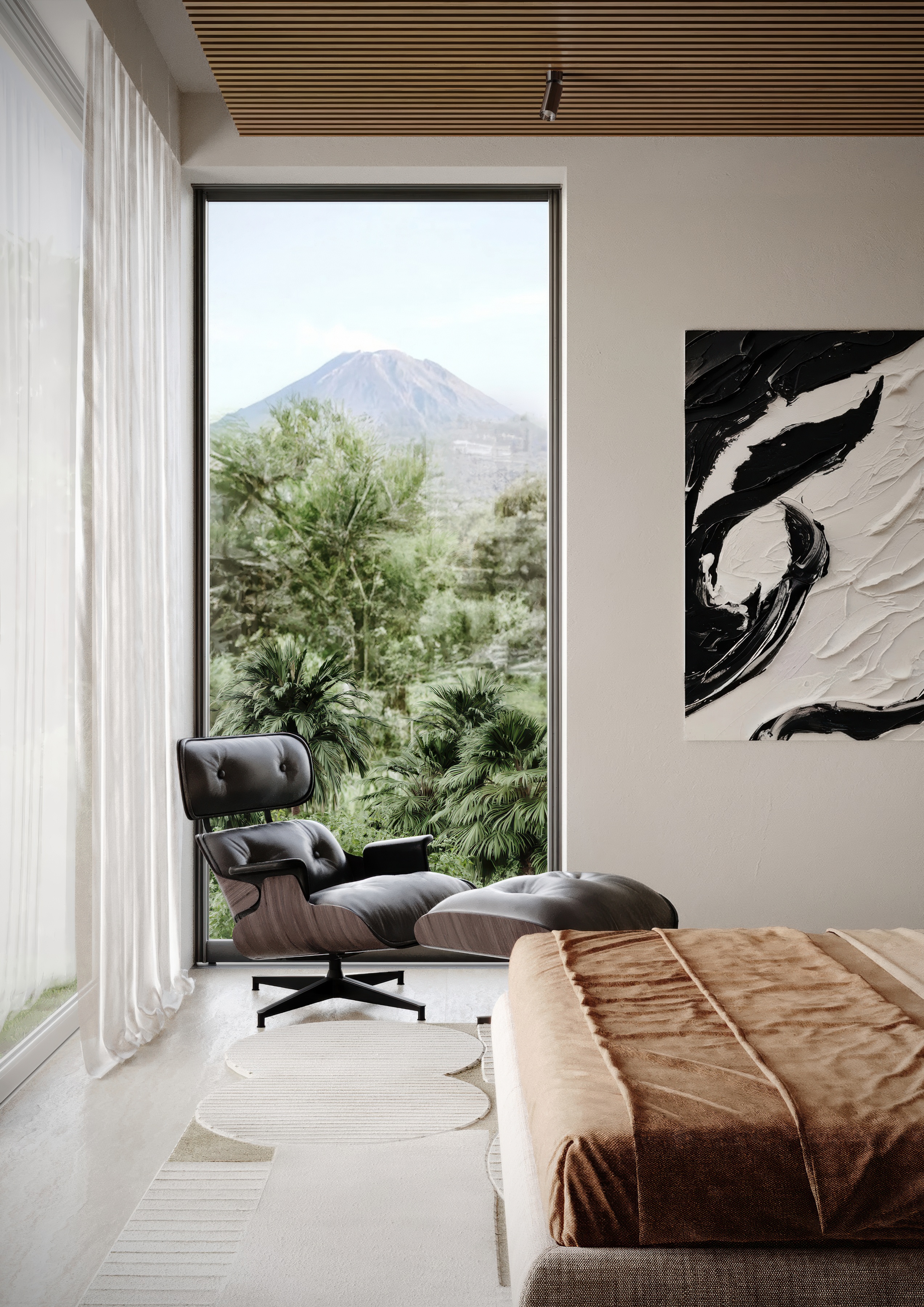 Manasara master bedroom interior with wooden desk and chair