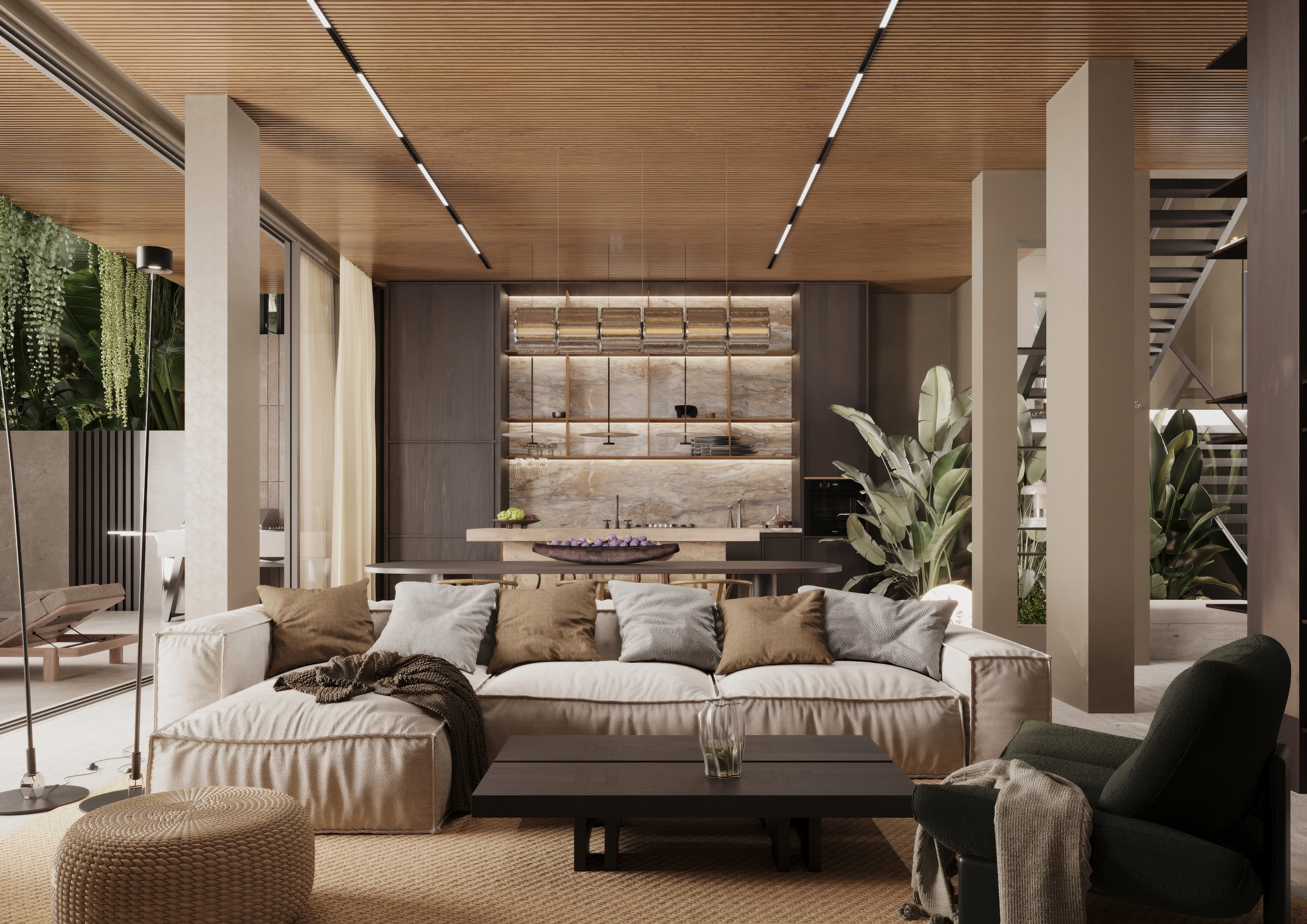Relax in an open living pavilion beneath a wood-slat ceiling.