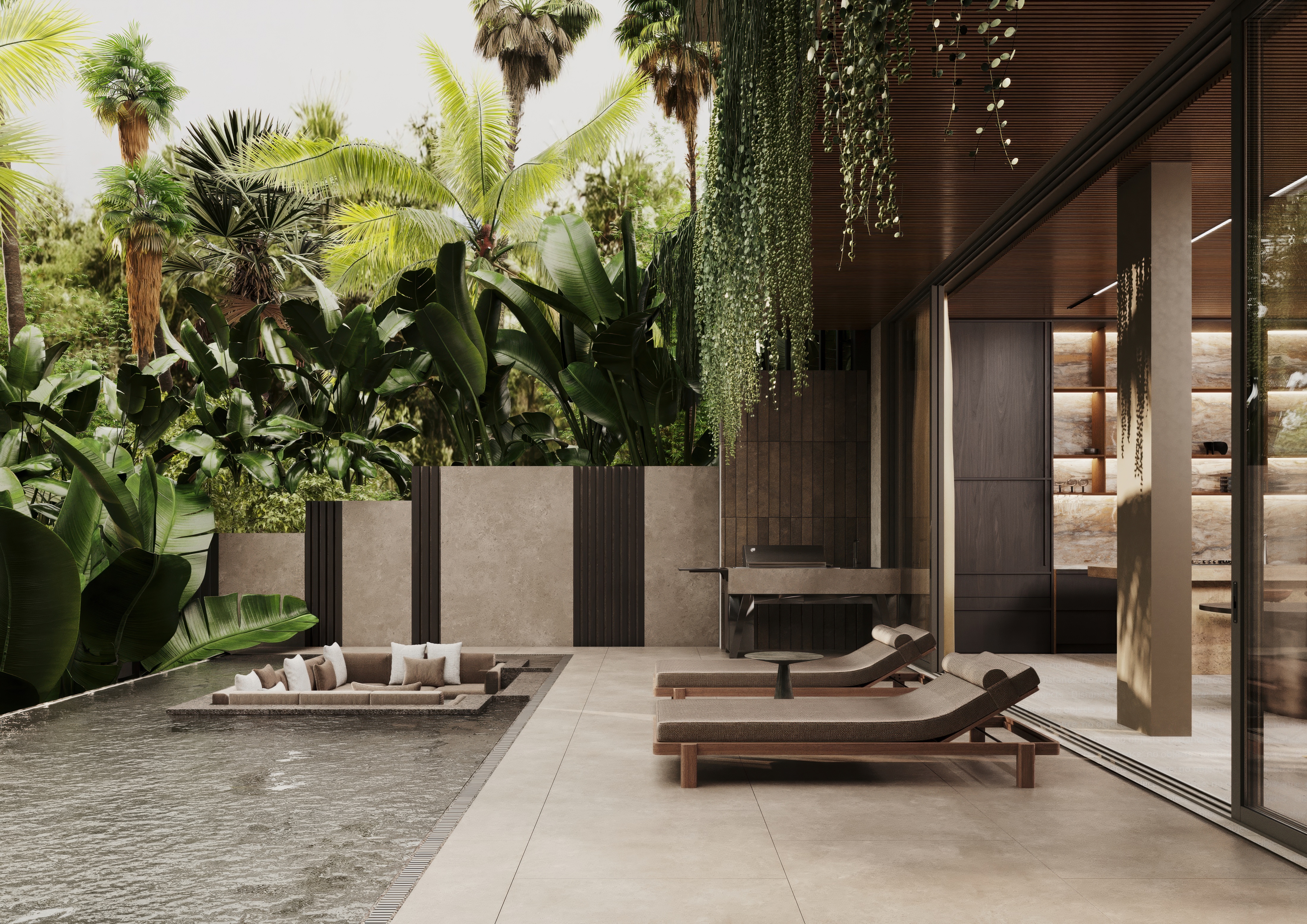 Semi-outdoor living pavilion with pool and loungers
