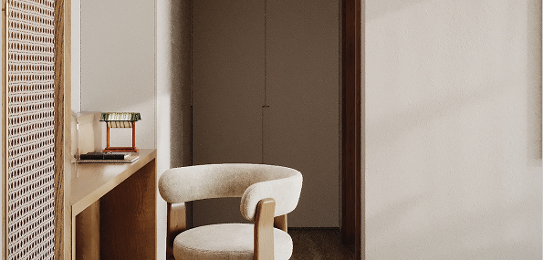 Residence interior — reading nook with occasional chair and wooden desk