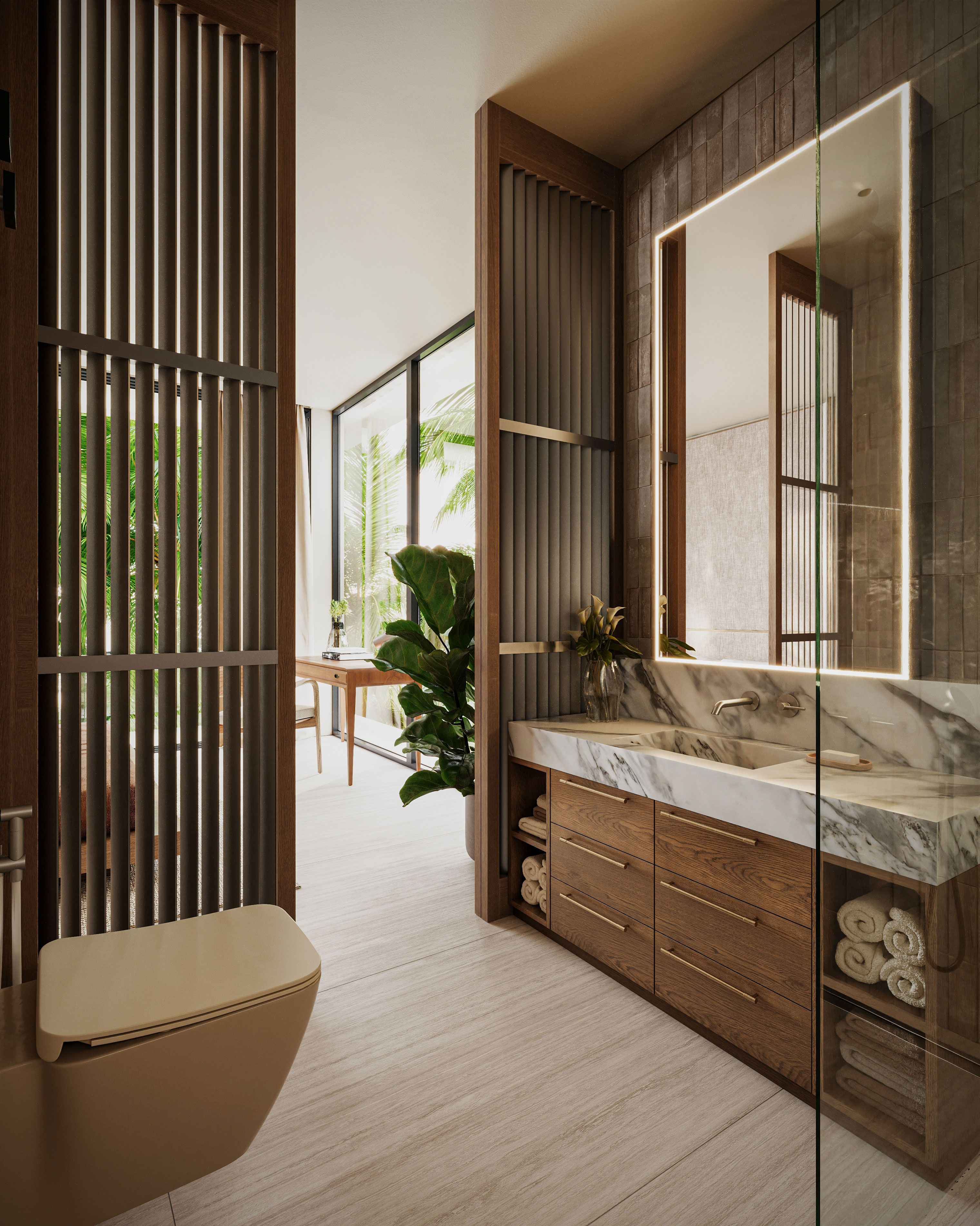Unwind in a marble vanity bathroom with wood-slat screens.